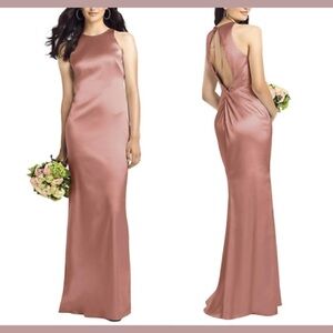 Social Bridesmaids Twist Back Satin Trumpet Gown in Desert Rose